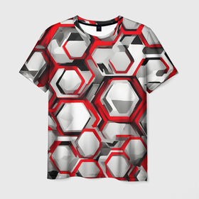 Мужская футболка 3D с принтом Кибер Hexagon Красный , 100% полиэфир | прямой крой, круглый вырез горловины, длина до линии бедер | 