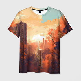 Мужская футболка 3D с принтом Осенний городской закат в Курске, 100% полиэфир | прямой крой, круглый вырез горловины, длина до линии бедер | Тематика изображения на принте: 