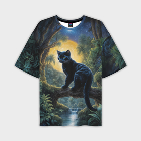 Мужская футболка oversize 3D с принтом Черная пантера на дереве в Санкт-Петербурге,  |  | 