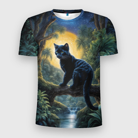 Мужская футболка 3D Slim с принтом Черная пантера на дереве в Санкт-Петербурге, 100% полиэстер с улучшенными характеристиками | приталенный силуэт, круглая горловина, широкие плечи, сужается к линии бедра | 