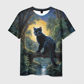 Мужская футболка 3D с принтом Черная пантера на дереве в Курске, 100% полиэфир | прямой крой, круглый вырез горловины, длина до линии бедер | 