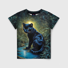 Детская футболка 3D с принтом Черная пантера в джунглях в Петрозаводске, 100% гипоаллергенный полиэфир | прямой крой, круглый вырез горловины, длина до линии бедер, чуть спущенное плечо, ткань немного тянется | 