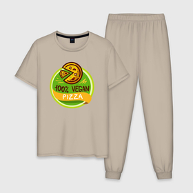 Мужская пижама хлопок с принтом Pizza vegan в Екатеринбурге, 100% хлопок | брюки и футболка прямого кроя, без карманов, на брюках мягкая резинка на поясе и по низу штанин
 | Тематика изображения на принте: 