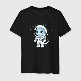 Мужская футболка хлопок с принтом Котик в космосе в Тюмени, 100% хлопок | прямой крой, круглый вырез горловины, длина до линии бедер, слегка спущенное плечо. | 