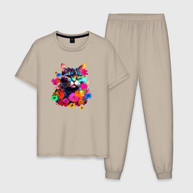 Мужская пижама хлопок с принтом Котик в цветах   нейросеть в Санкт-Петербурге, 100% хлопок | брюки и футболка прямого кроя, без карманов, на брюках мягкая резинка на поясе и по низу штанин
 | 