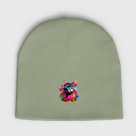 Мужская шапка демисезонная с принтом Котик в цветах   нейросеть в Кировске,  |  | Тематика изображения на принте: 