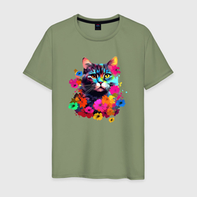Мужская футболка хлопок с принтом Котик в цветах   нейросеть в Тюмени, 100% хлопок | прямой крой, круглый вырез горловины, длина до линии бедер, слегка спущенное плечо. | 