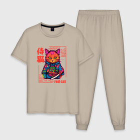 Мужская пижама хлопок с принтом Кот в японском стиле   самурай в Белгороде, 100% хлопок | брюки и футболка прямого кроя, без карманов, на брюках мягкая резинка на поясе и по низу штанин
 | 