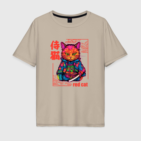 Мужская футболка хлопок Oversize с принтом Кот в японском стиле   самурай в Тюмени, 100% хлопок | свободный крой, круглый ворот, “спинка” длиннее передней части | Тематика изображения на принте: 