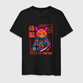 Мужская футболка хлопок с принтом Кот в японском стиле   самурай в Екатеринбурге, 100% хлопок | прямой крой, круглый вырез горловины, длина до линии бедер, слегка спущенное плечо. | Тематика изображения на принте: 