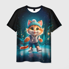 Мужская футболка 3D с принтом Мультяшный котенок на коньках в Курске, 100% полиэфир | прямой крой, круглый вырез горловины, длина до линии бедер | 
