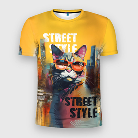 Мужская футболка 3D Slim с принтом Кот в городе   street style в Тюмени, 100% полиэстер с улучшенными характеристиками | приталенный силуэт, круглая горловина, широкие плечи, сужается к линии бедра | 