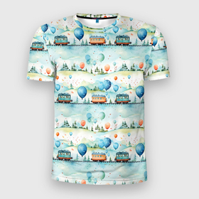 Мужская футболка 3D Slim с принтом Трамвайчики и воздушные шары   авральный паттерн в Екатеринбурге, 100% полиэстер с улучшенными характеристиками | приталенный силуэт, круглая горловина, широкие плечи, сужается к линии бедра | Тематика изображения на принте: 