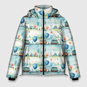 Мужская зимняя куртка 3D с принтом Трамвайчики и воздушные шары   авральный паттерн в Екатеринбурге, верх — 100% полиэстер; подкладка — 100% полиэстер; утеплитель — 100% полиэстер | длина ниже бедра, свободный силуэт Оверсайз. Есть воротник-стойка, отстегивающийся капюшон и ветрозащитная планка. 

Боковые карманы с листочкой на кнопках и внутренний карман на молнии. | Тематика изображения на принте: 