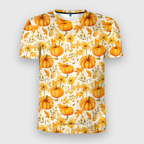 Мужская футболка 3D Slim с принтом Тыквы и осенние цветы   паттерн в Тюмени, 100% полиэстер с улучшенными характеристиками | приталенный силуэт, круглая горловина, широкие плечи, сужается к линии бедра | Тематика изображения на принте: 