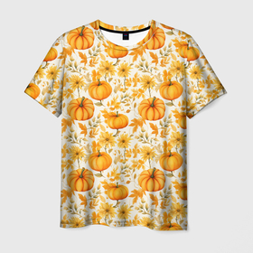 Мужская футболка 3D с принтом Тыквы и осенние цветы   паттерн в Тюмени, 100% полиэфир | прямой крой, круглый вырез горловины, длина до линии бедер | 