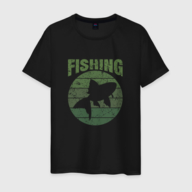 Мужская футболка хлопок с принтом Fishing и рыба в круге для рыбака в Екатеринбурге, 100% хлопок | прямой крой, круглый вырез горловины, длина до линии бедер, слегка спущенное плечо. | 