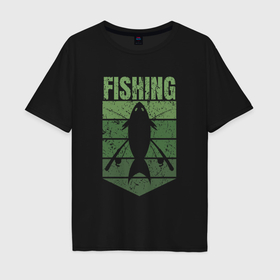 Мужская футболка хлопок Oversize с принтом Fishing и рыба с перекрещеными удочками в Белгороде, 100% хлопок | свободный крой, круглый ворот, “спинка” длиннее передней части | Тематика изображения на принте: 