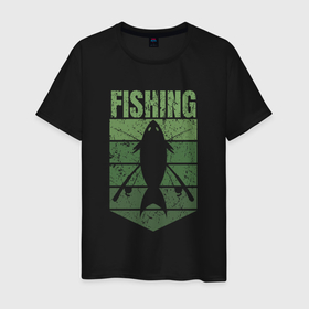 Мужская футболка хлопок с принтом Fishing и рыба с перекрещеными удочками в Кировске, 100% хлопок | прямой крой, круглый вырез горловины, длина до линии бедер, слегка спущенное плечо. | 
