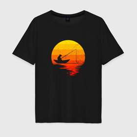 Мужская футболка хлопок Oversize с принтом Рыбак в лодке на фоне закатного солнца в Тюмени, 100% хлопок | свободный крой, круглый ворот, “спинка” длиннее передней части | 