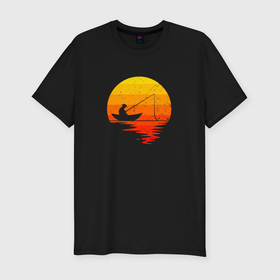 Мужская футболка хлопок Slim с принтом Рыбак в лодке на фоне закатного солнца в Тюмени, 92% хлопок, 8% лайкра | приталенный силуэт, круглый вырез ворота, длина до линии бедра, короткий рукав | 