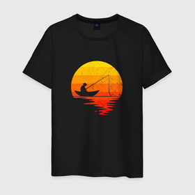 Мужская футболка хлопок с принтом Рыбак в лодке на фоне закатного солнца в Санкт-Петербурге, 100% хлопок | прямой крой, круглый вырез горловины, длина до линии бедер, слегка спущенное плечо. | 