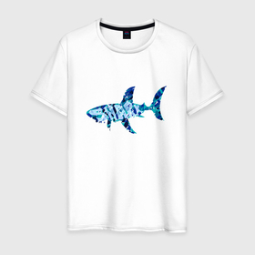 Мужская футболка хлопок с принтом Акула из мозаики цвета моря с надписью shark в Курске, 100% хлопок | прямой крой, круглый вырез горловины, длина до линии бедер, слегка спущенное плечо. | 