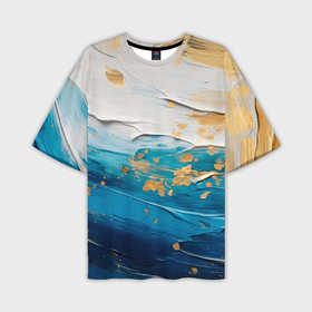 Мужская футболка oversize 3D с принтом Белый, синий, золотой импасто абстракция в Кировске,  |  | Тематика изображения на принте: 
