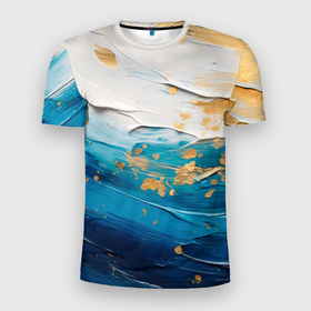 Мужская футболка 3D Slim с принтом Белый, синий, золотой импасто абстракция в Кировске, 100% полиэстер с улучшенными характеристиками | приталенный силуэт, круглая горловина, широкие плечи, сужается к линии бедра | 