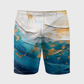 Мужские шорты спортивные с принтом Белый, синий, золотой импасто абстракция в Кировске,  |  | 