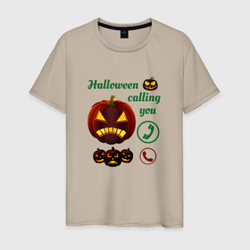 Мужская футболка хлопок с принтом Хэллоуин, ночной звонок в Тюмени, 100% хлопок | прямой крой, круглый вырез горловины, длина до линии бедер, слегка спущенное плечо. | 