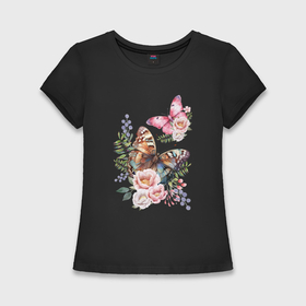 Женская футболка хлопок Slim с принтом Волшебные бабочки с пионами в Кировске,  |  | 
