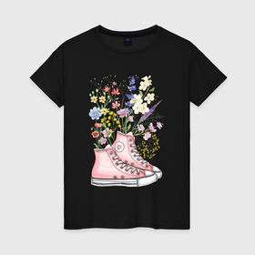 Женская футболка хлопок с принтом Полевые цветы в кедах в Тюмени, 100% хлопок | прямой крой, круглый вырез горловины, длина до линии бедер, слегка спущенное плечо | 