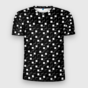 Мужская футболка 3D Slim с принтом Маленькие белые квадратики на чёрном в Петрозаводске, 100% полиэстер с улучшенными характеристиками | приталенный силуэт, круглая горловина, широкие плечи, сужается к линии бедра | 