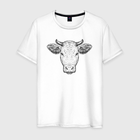 Мужская футболка хлопок с принтом Голова коровы в Новосибирске, 100% хлопок | прямой крой, круглый вырез горловины, длина до линии бедер, слегка спущенное плечо. | 