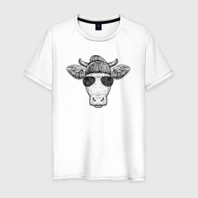 Мужская футболка хлопок с принтом Голова модной коровы в Новосибирске, 100% хлопок | прямой крой, круглый вырез горловины, длина до линии бедер, слегка спущенное плечо. | 