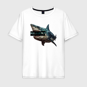 Мужская футболка хлопок Oversize с принтом Акула мегалодон кубизм в Тюмени, 100% хлопок | свободный крой, круглый ворот, “спинка” длиннее передней части | 