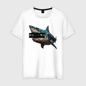 Мужская футболка хлопок с принтом Акула мегалодон кубизм в Санкт-Петербурге, 100% хлопок | прямой крой, круглый вырез горловины, длина до линии бедер, слегка спущенное плечо. | 