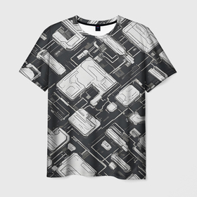 Мужская футболка 3D с принтом Полосы Чёрно белые киберпанк в Курске, 100% полиэфир | прямой крой, круглый вырез горловины, длина до линии бедер | Тематика изображения на принте: 