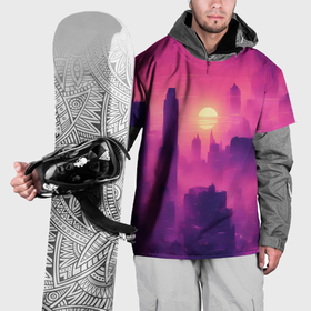 Накидка на куртку 3D с принтом Розовый город Retrowaves , 100% полиэстер |  | Тематика изображения на принте: 