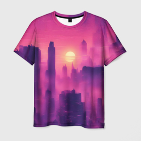 Мужская футболка 3D с принтом Розовый город Retrowaves , 100% полиэфир | прямой крой, круглый вырез горловины, длина до линии бедер | Тематика изображения на принте: 