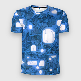 Мужская футболка 3D Slim с принтом Синие кибернетические схемы неон , 100% полиэстер с улучшенными характеристиками | приталенный силуэт, круглая горловина, широкие плечи, сужается к линии бедра | Тематика изображения на принте: 