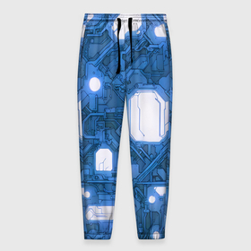 Мужские брюки 3D с принтом Синие кибернетические схемы неон в Тюмени, 100% полиэстер | манжеты по низу, эластичный пояс регулируется шнурком, по бокам два кармана без застежек, внутренняя часть кармана из мелкой сетки | 