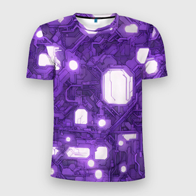 Мужская футболка 3D Slim с принтом Фиолетовые кибернетические схемы неон , 100% полиэстер с улучшенными характеристиками | приталенный силуэт, круглая горловина, широкие плечи, сужается к линии бедра | Тематика изображения на принте: 