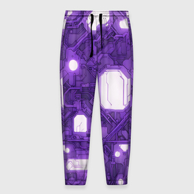 Мужские брюки 3D с принтом Фиолетовые кибернетические схемы неон в Тюмени, 100% полиэстер | манжеты по низу, эластичный пояс регулируется шнурком, по бокам два кармана без застежек, внутренняя часть кармана из мелкой сетки | 