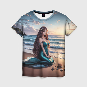 Женская футболка 3D с принтом Русалочка на берегу среди ракушек в Петрозаводске, 100% полиэфир ( синтетическое хлопкоподобное полотно) | прямой крой, круглый вырез горловины, длина до линии бедер | 