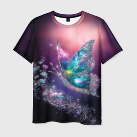 Мужская футболка 3D с принтом Бабочка и волшебные кристаллы в Курске, 100% полиэфир | прямой крой, круглый вырез горловины, длина до линии бедер | Тематика изображения на принте: 