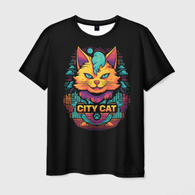Мужская футболка 3D с принтом Городской котик в Кировске, 100% полиэфир | прямой крой, круглый вырез горловины, длина до линии бедер | 