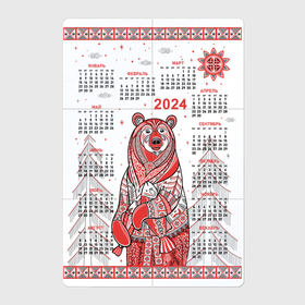 Магнитный плакат 2Х3 с принтом Календарь 2024   Медведь в стиле мезенской росписи в Тюмени, Полимерный материал с магнитным слоем | 6 деталей размером 9*9 см | 