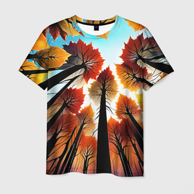 Мужская футболка 3D с принтом Осенний лес   нейросеть в Петрозаводске, 100% полиэфир | прямой крой, круглый вырез горловины, длина до линии бедер | 